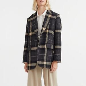 H&M Black and Cream Plaid Wool Blend Peacoat Medium